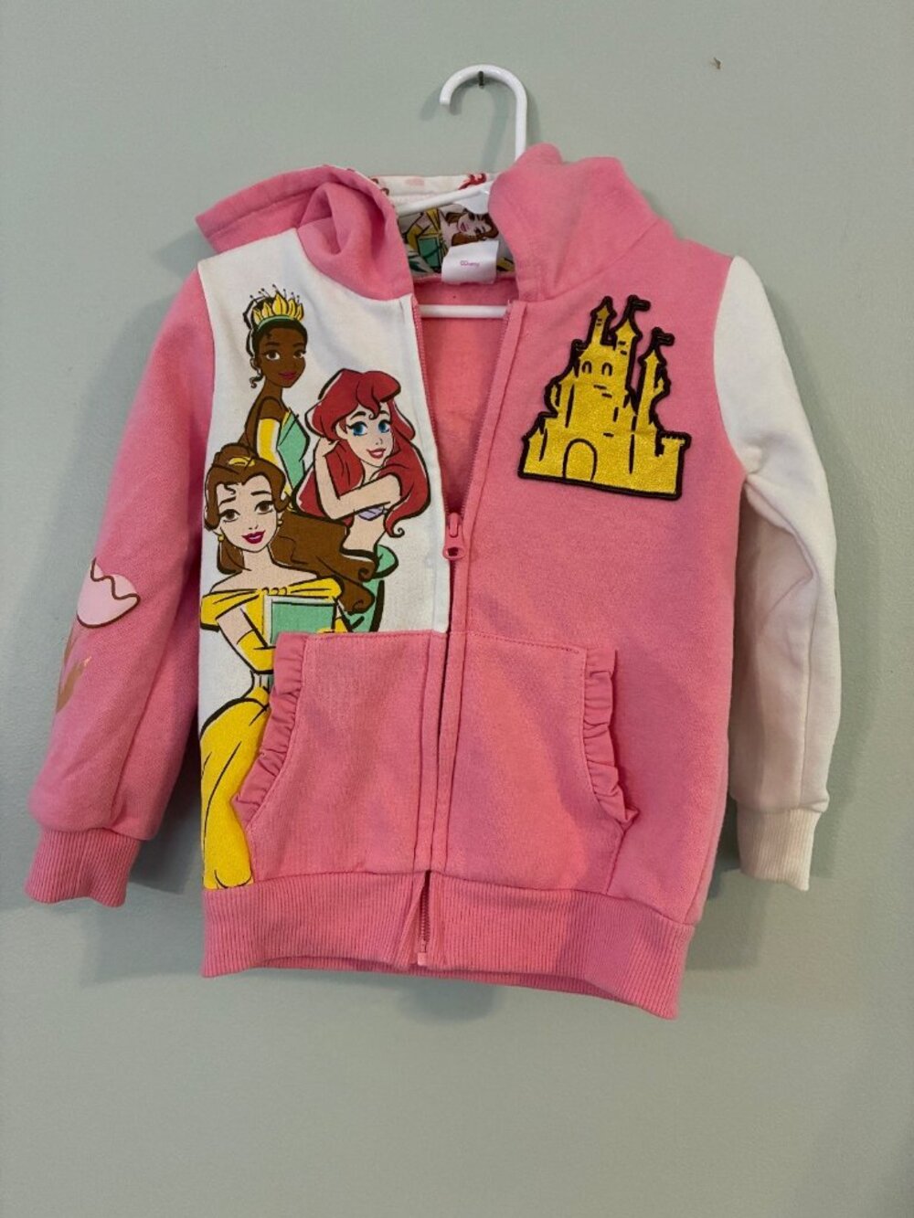 Disney Princess 4T zip-up hoodie pink white castle patch
